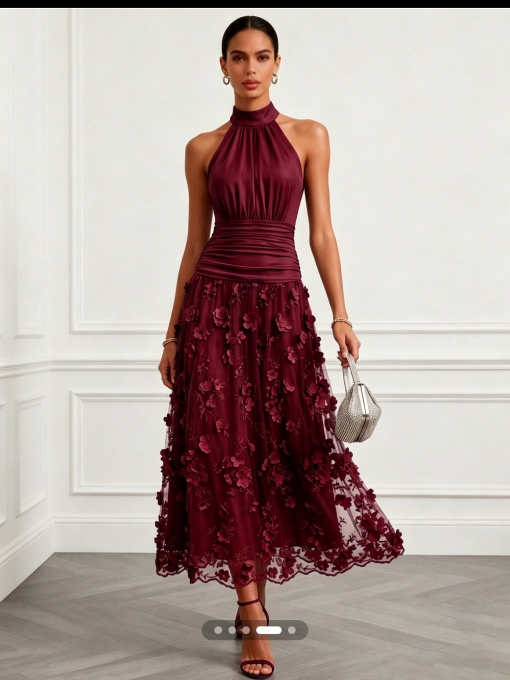 Halter Midi Dress in Burgundy with Floral Appliqué